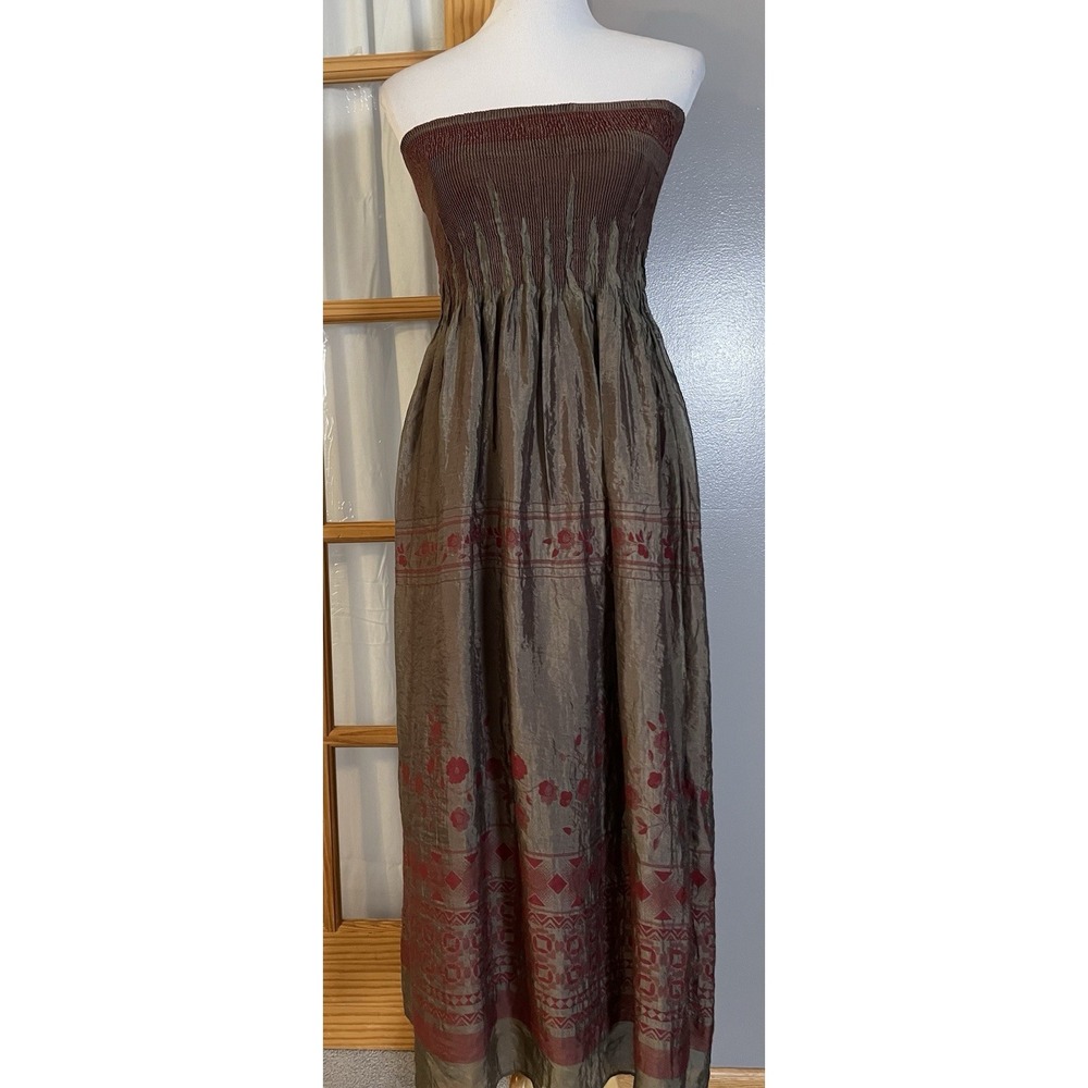 Anthropologie Lapis Strapless Floral Dress One Size Smocked Beige Red Boho Party